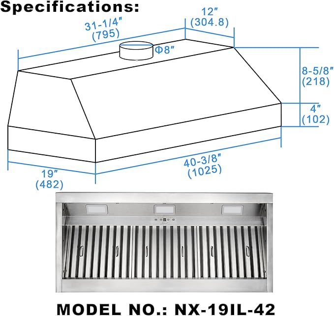 Akicon Range Hood Insert 42 Inch, 1200 CFM Built-in Kitchen Hood with 4 Speeds, Ultra-Quiet Stainless Steel Ducted Vent Hood Insert with Dimmable LED Lights and Dishwasher Safe Filters