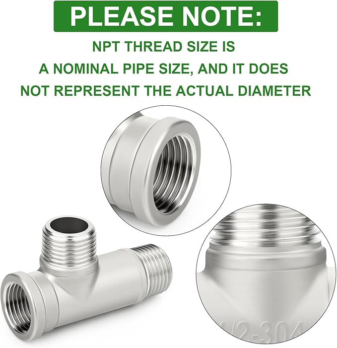 TAISHER 2PCS 304 Stainless Steel Tee Pipe Fittings, 1/2" NPT Female x 1/2" NPT Male x 1/2" NPT Male Extension Pipe Fittings, Female Run Tee