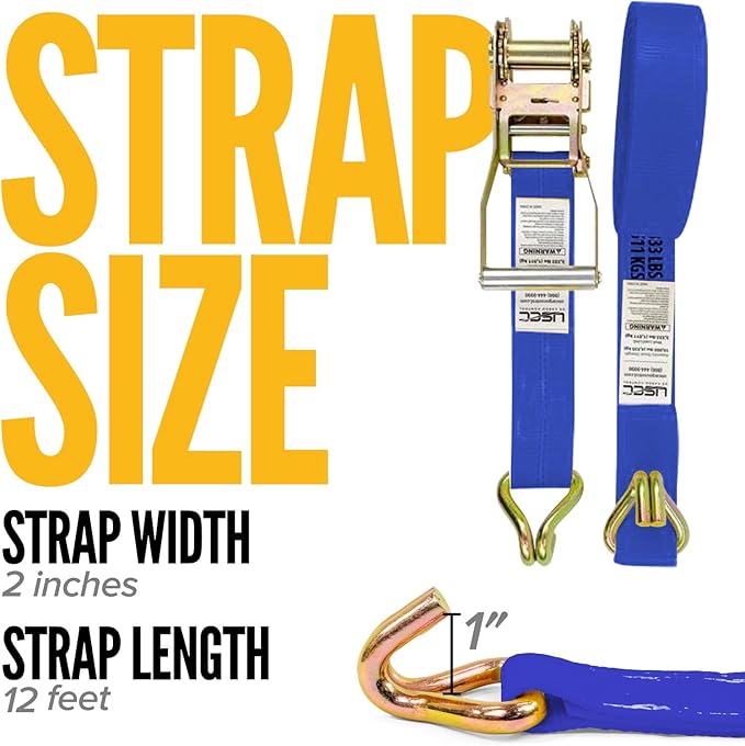 US Cargo Control Wire Hook Ratchet Straps 2 Inch x 12 Foot (2-Pack), 10,000 LBS Break Strength, Ratchet Straps Heavy Duty with Double J Hooks, Blue Cargo Tie Downs for Flatbed Trailers and Trucks