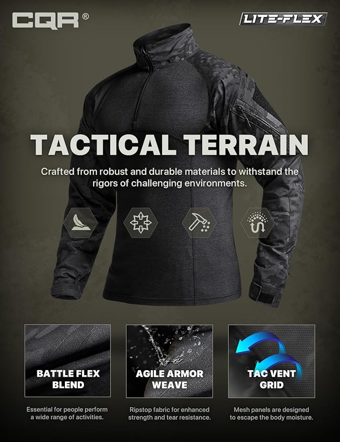 CQR Men's Combat Shirt Tactical 1/4 Zip Long Sleeve Military BDU Shirts Camo EDC Top with Pockets