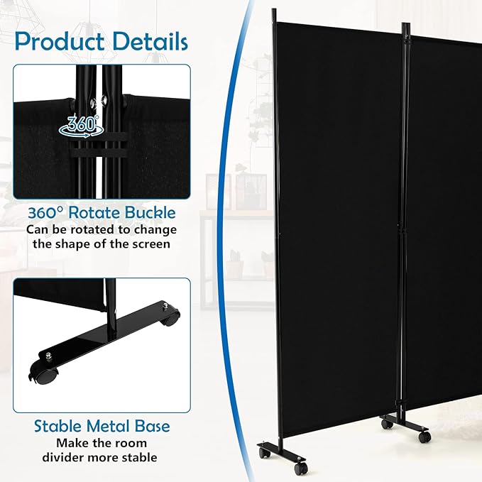 GOFLAME 6 Panel Folding Room Divider, 6FT Rolling Privacy Screen with Lockable Wheels, Portable Room Partition Screen, Freestanding Wall Divider and Separator for Home Office, Black