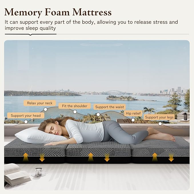 Tri Folding Memory Foam Mattress Full Size - Handle & Non-Slip Bottom, Portable Foldable Sofa Bed Floor Chair for Travel RV Camping Guest Yoga - 6 Inch, 73"x52"x6"