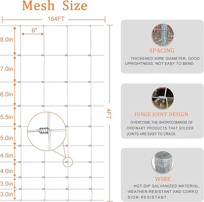 10GA Thickened Heavy Duty Farm Fence, 4ftx100ft Galvanized Cattle Goat Fence, Heavy Zinc Coating Wire Fencing, Wire Fencing for Hog Deer Horse