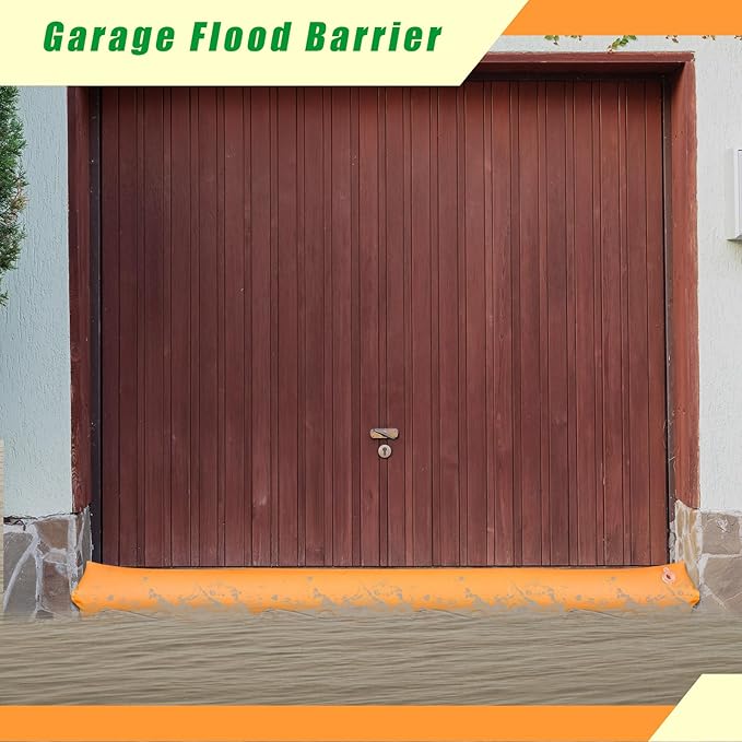Amylove 4 Pcs PVC Inflatable Flood Barriers for Home Reusable Garage Water Prevention Barriers Flood for Rain Snow Melted Garage Door Basement Home(6 ft x 20 in x 12 in,Orange)