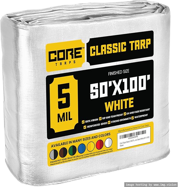 Core Tarps Classic 5 Mil Tarp Cover, Waterproof, UV Resistant, Rip and Tear Proof, Poly Tarpaulin with Reinforced Edges for Roof, Camping, Patio, Pool Cover, Boat (White 50′ X 100′)