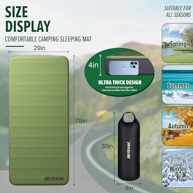 Self-Inflating Memory Foam Sleeping Pad - Single Pad, Built-in Pump, R-Value 13, 78''x29''x4'', Fast Inflation & Deflation, 4-Season Camping Mattress for Outdoor Adventures