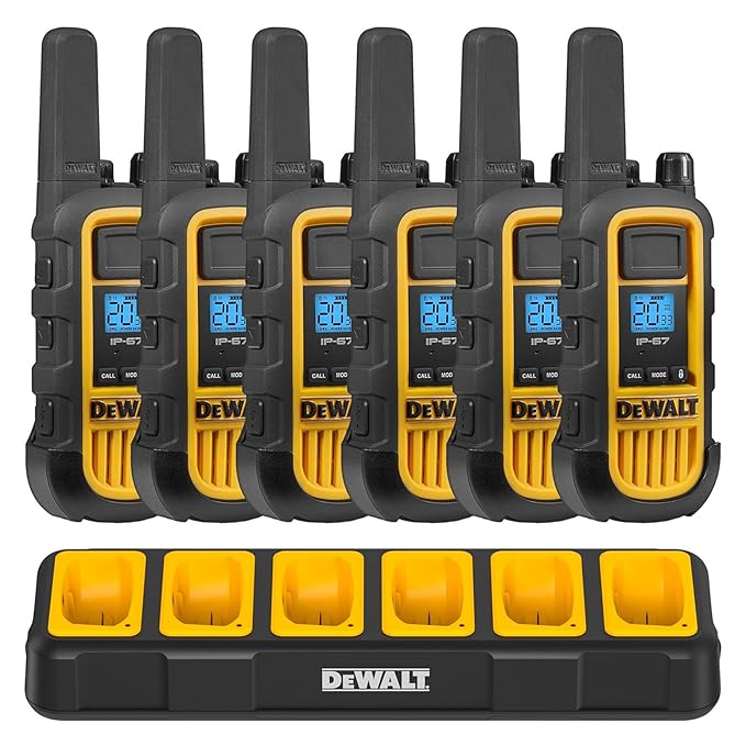 DEWALT FRS Walkie Talkies Long Range 2 Way Radio, 2 Watt, Waterproof & Rechargeable, 6 Pack with Gang Charger, DXFRS800-BCH6