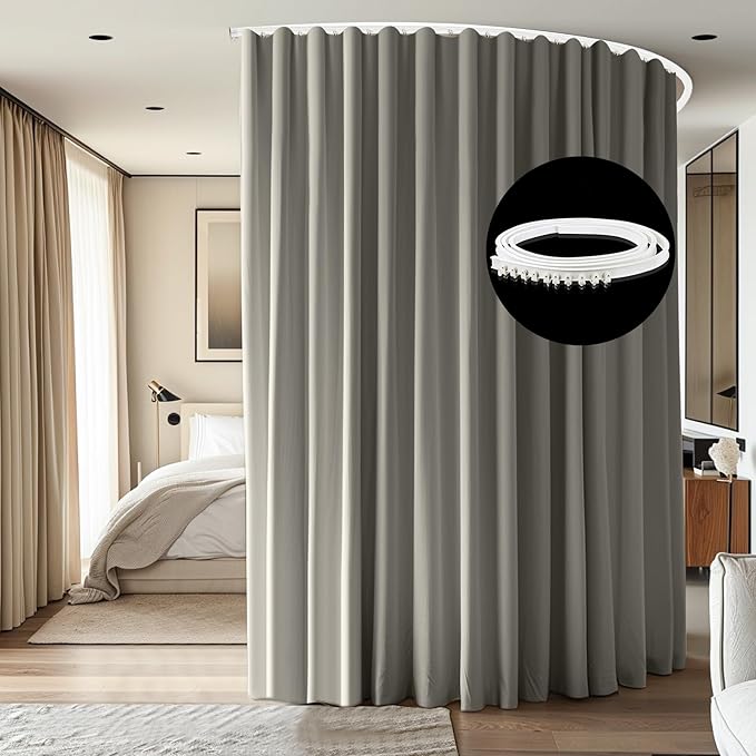 Room Divider Ceiling Mounted Curtains Track Sets Extra Wide Blackout Curtain Flexible Tracks for Bedroom Privacy Partition Separator, 1 Panel Light Grey Drape and White Rail, W8.3 x H9ft