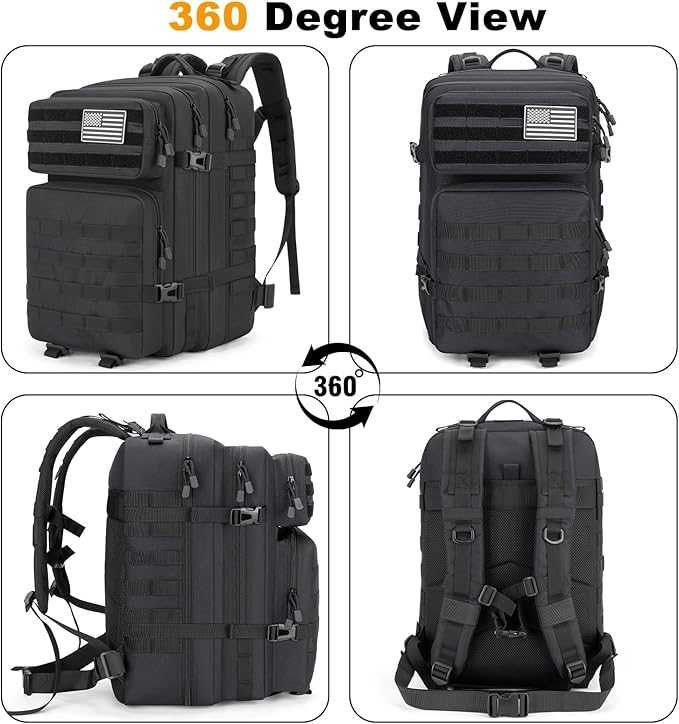 Tactical Backpack 45L Army Military Rucksack, Water Resistant MOLLE EDC Pack, Large 3 Day Bug Out Bag for Men & Women, Durable Outdoor Gear for Hiking, Camping, Hunting, Fishing,Travel (Black)