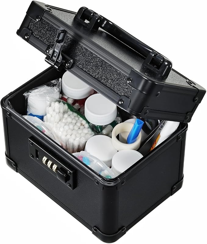 Adazzo Lockable Medicine Storage Box - Shiny Black Cabinet Med Lock Organizer, 7 * 5.25 * 5.75 Inches Safe Case with Combination Lock for Home, Dorm, Office, or Travel - Mini Size