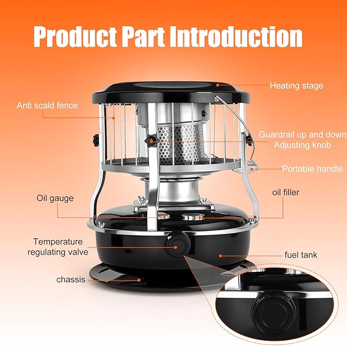Indoor & Outdoor Kerosene Heater, Radiant Heating, Portable Non-Electric 9000 BTU Kerosene Stove for Camping, Hunting, Cooking (Black)