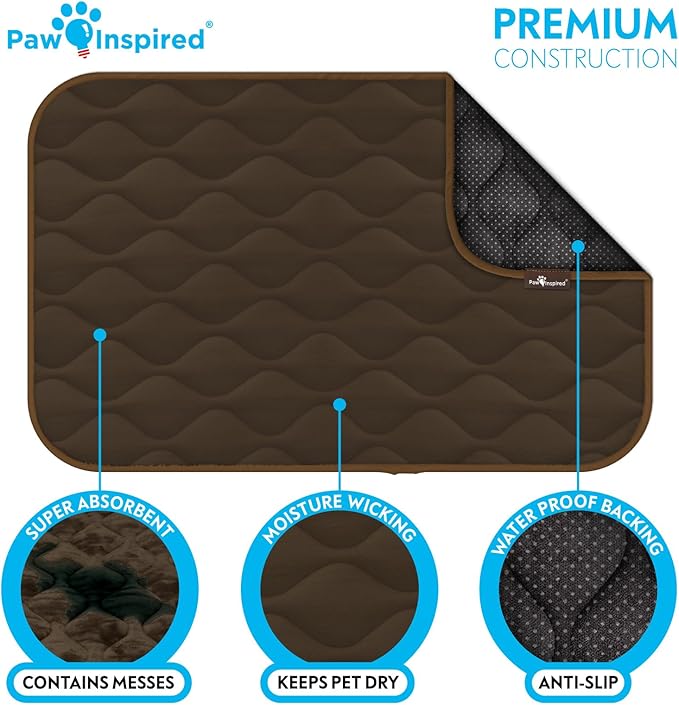 Paw Inspired Washable Padded Crate Mats for Dogs | 35” x 22” Pad, Fits 36-inch Kennels | Leakproof, Waterproof Bottom, Plush Pet Beds (Dark Brown)