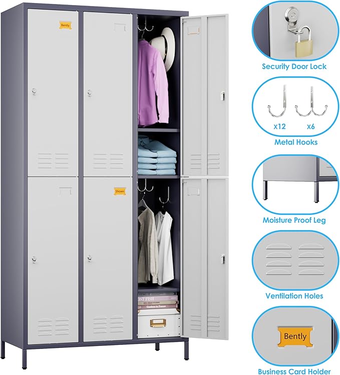 6 Doors Metal Locker for Employees with 18 Hooks and Business Card Holder,Metal Locker with Ventilation Holes for School Garage Office Gym Home,Assembly Required,Grey-White