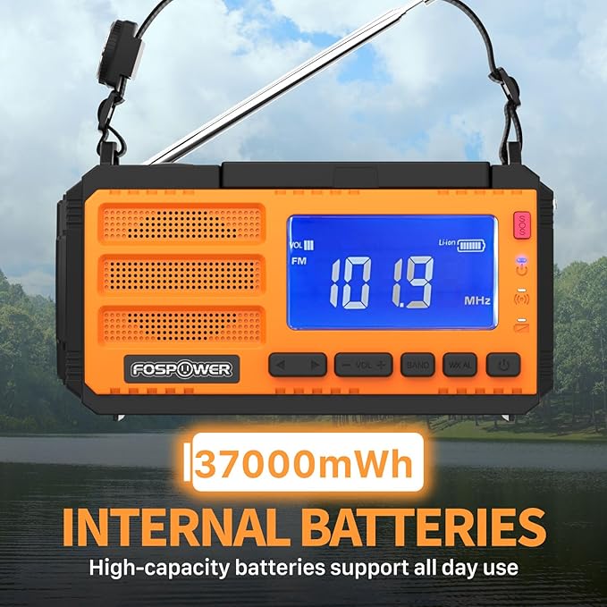 FosPower NOAA Emergency Weather Radio D8 37000mWh Portable Power Bank, AM/FM, USB/Solar/Hand Crank Charging, SOS Alarm & Flashlight for Indoor/Outdoor Emergency - Orange