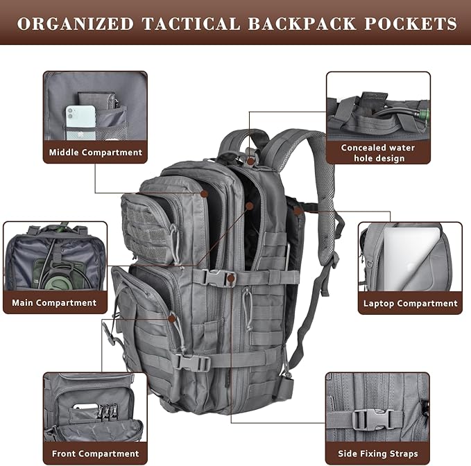40L Military Tactical Backpack for Men, Tactical Laptop Backpack with Molle Waterproof, Army 3 Days Assault Pack & Bug Out Bag for Hiking (09-Gray)