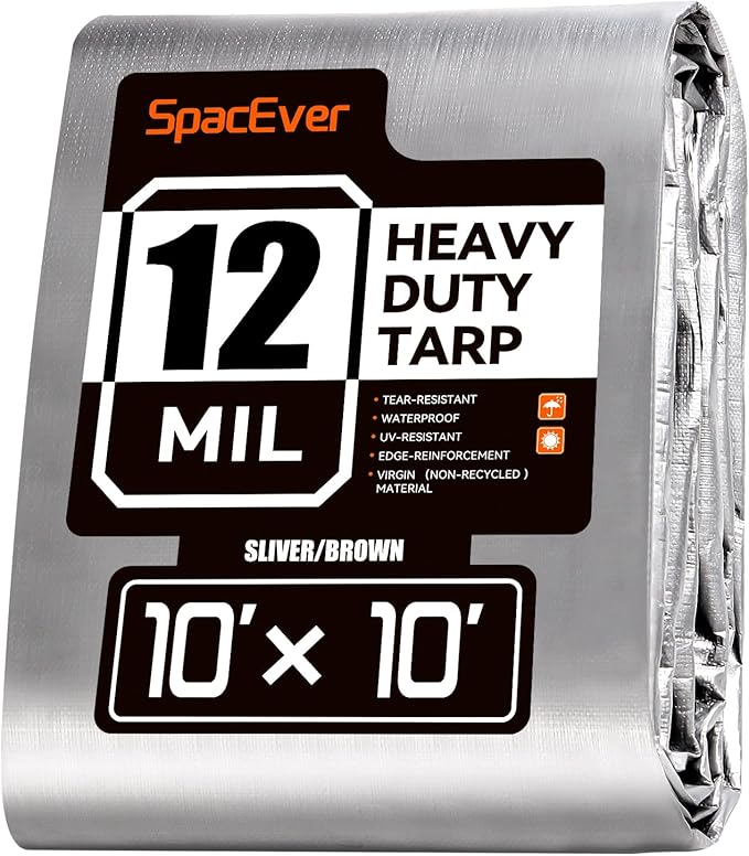 Tarp Heavy Duty 10x10 FT, 12 Mil Thick Large Tarps Water-Proof with Grommets, UV& Tear Resistant, Plastic Cover for Pool Roof Tent Outdoor Firewood, Silver& Brown