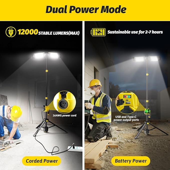 Dual-Head LED Work Light with Stand, 2025 Pro+ 12000LM Corded or Battery Rechargeable Telescopic Tripod Worklights, Portable Construction Flood Light for Job Site Workshop Garage ﻿