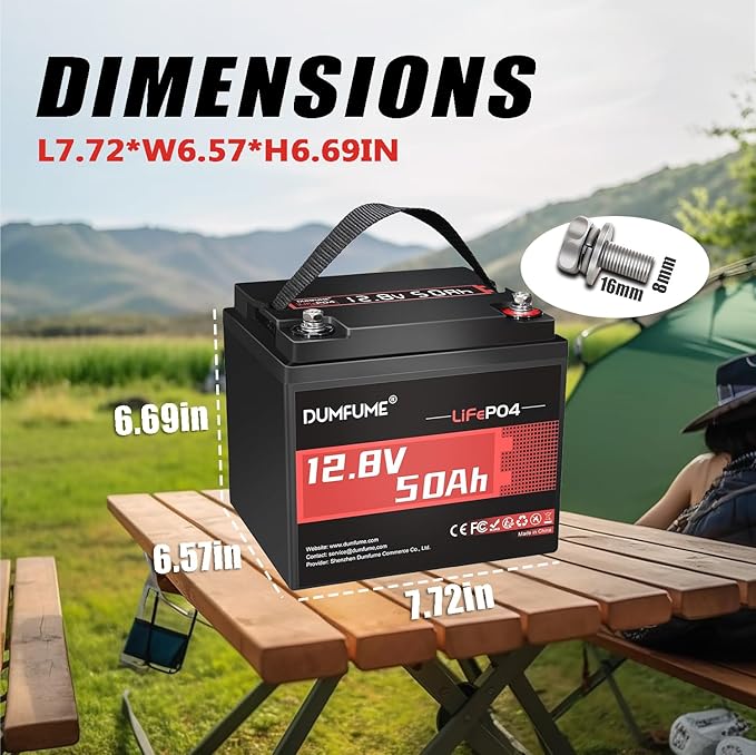 2 pack Dumfume 12V 50Ah LiFePO4 Lithium Battery, Built-in 50A BMS, 640Wh Energy with Low-Temp Protection,Ideal for RV,Solar,Home Energy Storage,Off-Grid,Industrial Backup Power