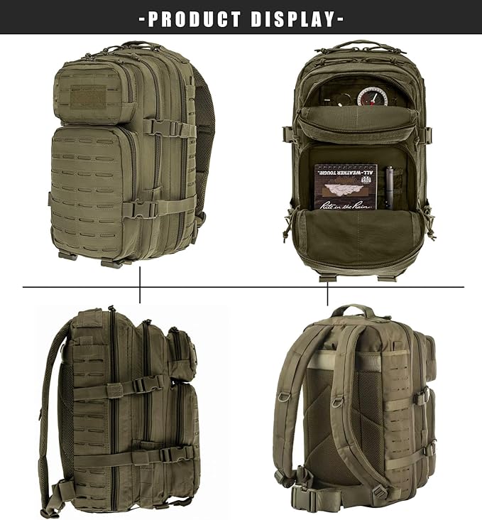 Military Tactical Backpack for Men 35L Small Molle System Water Resistant 3 Day Survival Assault Pack for Bug Out Bag Rucksack Travel Hiking Camping Gym Range Trekking Hunting Sport Work (Green)