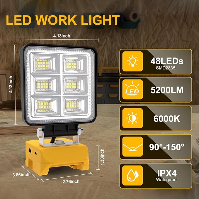 T-SUN Rechargeable LED Work Light, Portable Work Light Compatible with Dewalt 20V Battery, Cordless Flashlight Flood Light 52W 5200LM with USB &Type C Charger Port for Workshop, Garage Repair (4 Pack)