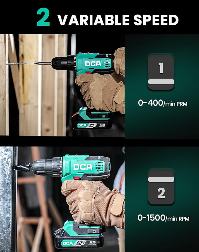 DCA Cordless Drill Set, 354 in-lbs Torque, 3/8" Keyless Chuck, Electric Power Drill with 2.0Ah Battery and Charger,18+1 Position,25-Piece 20V Drill Driver Kit, ADJZ2035