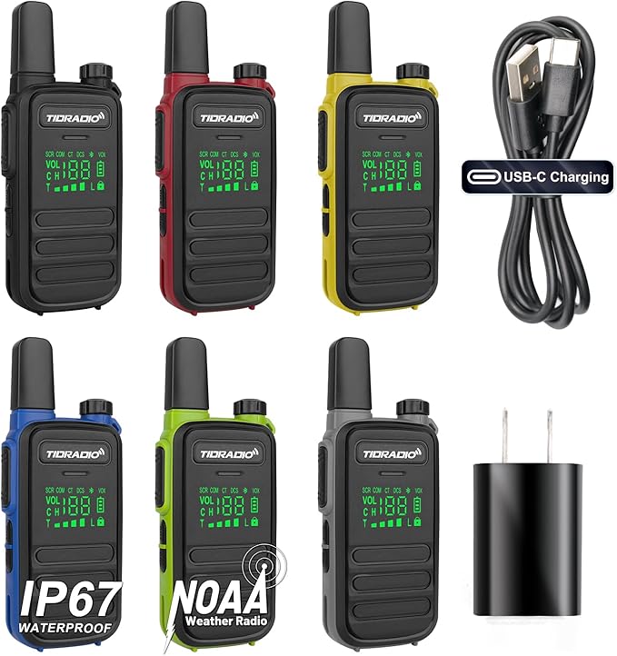 TIDRADIO Waterproof Walkie Talkies for Adults,22 CH TD-M11 Long Range Two Way Radio,LED Display,Wireless Programming,NOAA,VOX,Frequency Copy, Rechargeable Handheld 2-Way Radios with 6 Color (6 Pack)