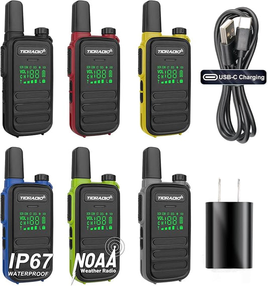 TIDRADIO Waterproof Walkie Talkies for Adults,22 CH TD-M11 Long Range Two Way Radio,LED Display,Wireless Programming,NOAA,VOX,Frequency Copy, Rechargeable Handheld 2-Way Radios with 6 Color (6 Pack)