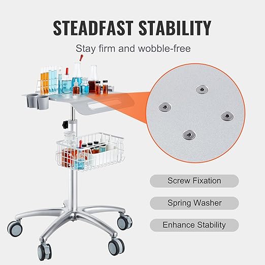 VEVOR Medical Mobile Trolley With Wheels 29.5"-41.3" Height Adjustable Stainless Steel Dental Cart Rolling Desktop Lab With 16.5" 15.7" Large Tabletop