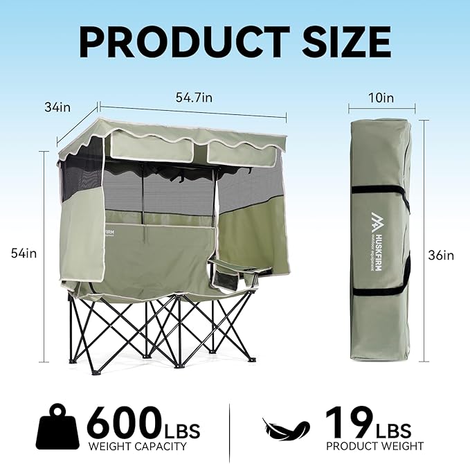 Double Camping Chair with Shade Canopy 2 Person Folding Chair with Canopy Portable Beach Chair Heavy Duty Camping Chair with Two Cup Holders and Side Pocket for Outside Camping,Beach,Sports