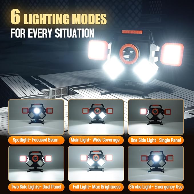 55W Rechargeable Work Light 5000LM, Foldable&Rotatable Magnetic LED Work Light with 6 Modes, 8000mAh Battery Powered Portable Work Lights for Workshop, Car Repair, Construction, Camping, Emergency Use