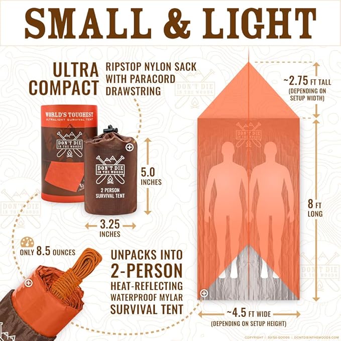 Don't Die In The Woods - Survival Tent - Made with Extra-Thick Space Blanket Thermal Mylar - Emergency Shelter Tube Tent - One of The 10 Essentials for Hiking, Camping, First Aid Kits