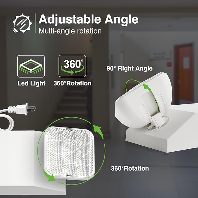 FREELICHT 12 Pack Emergency Lights with Battery Backup, AC 120V, Two Head Adjustable, LED Emergency Square Lighting Fixture for Business Commercial Use with 4FT Plug in Cord, UL Listed