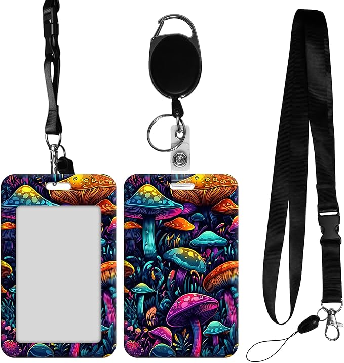 ID Badge Holder with Retractable Lanyard for Women & Men,Vertical ID Card Holder Wallet,Clear Window&Card Slot,Detachable Neck Strap for Nurse Teacher Office,Colorful Mushroom