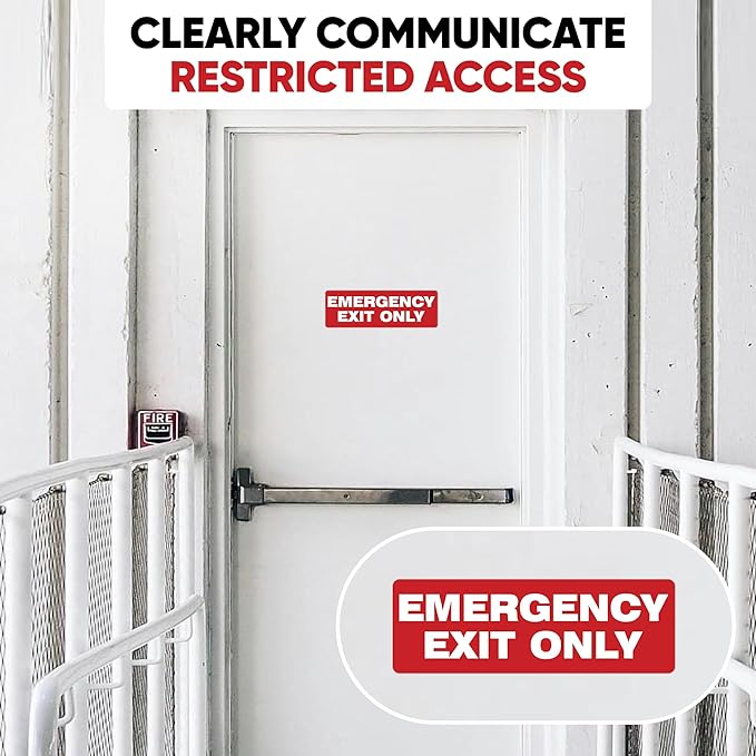 | Emergency Exit Only Sign Stickers (2 Pack), 8.75x3 – Strong Adhesive, Durable, Waterproof Exit Sign Stickers for Doors and Walls – Perfect for Emergency Exit Only Signage.
