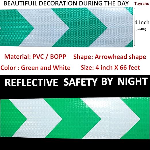 Reflective Tape Green and White 4 inch X 66 feet, Outdoor Waterproof Hazard Conspicuity Warning Industrial Marking Tape