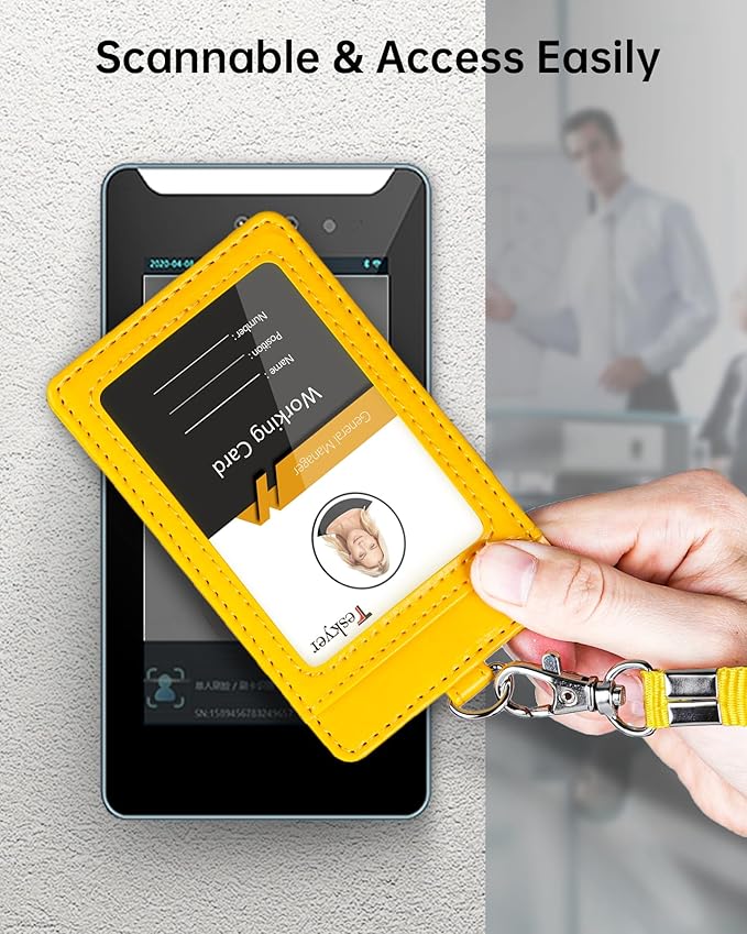 Teskyer Badge Holder with Lanyard, Leather ID Name Badge Card Holder with Lanyard for ID Badges, Vertical, Bright Yellow