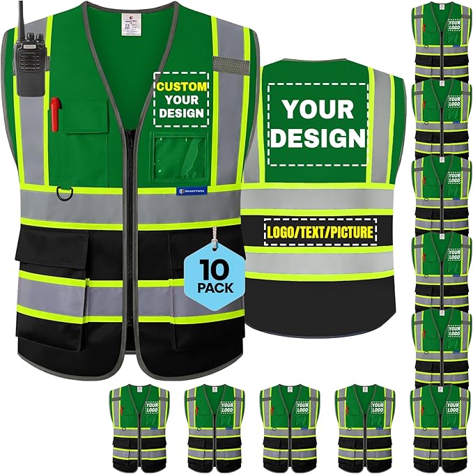 BeautyWill 10 Pack Custom Logo Safety Vest ANSI Class 2 High Visibility Reflective Vest Personalized Construction Vest Bulk