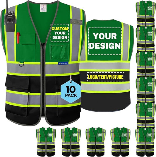 BeautyWill 10 Pack Custom Logo Safety Vest ANSI Class 2 High Visibility Reflective Vest Personalized Construction Vest Bulk