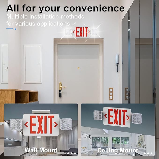 LED Exit Signs with Emergency Lights, Red LED Two Adjustable Head Emergency Exit Light with Backup Battery, AC 120V/277V, ABS Fire Resistant, UL Listed (4Pack)