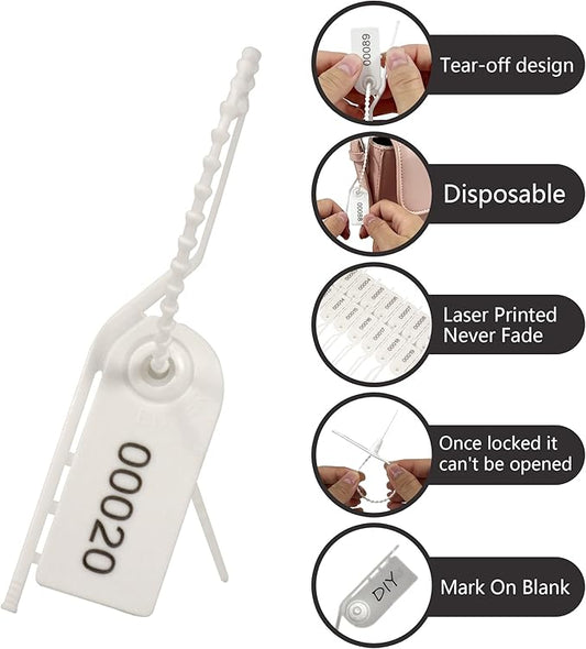200 Plastic Security Seals Secure Anti-Tamper Fire Extinguisher Tags Numbered Zip Ties Inspection Tags Breakable Label Tags Pull Tite Safey Tags for First Aid Kits, Clothes,Bags (White)