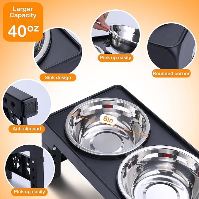Elevated Dog Bowls - Raised Stand with 2 Stainless Steel and 1 Slow Feeder Bowl, Adjustable 5 Heights for Medium Large Dogs, Non-Slip, Black