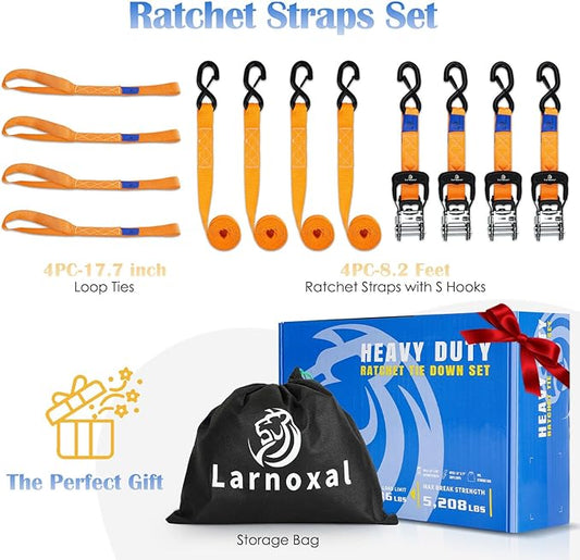 Ratchet Straps, 1.5 inch x 8.2 ft(4 Pack) Heavy Duty Tie Down Straps, Ratchet Tie Down Straps with Soft Loops-5,208 lbs (Orange)