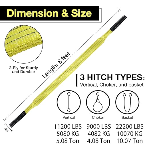 4"x8' 2-Ply Heavy Duty Lifting Sling Straps 11200 lbs Vertical Lifting Straps with Flat Eyes, Recovery lifting Tree Saver Strap for Hoisting, Winch, Truck, Towing Off-road Vehicles Equipment