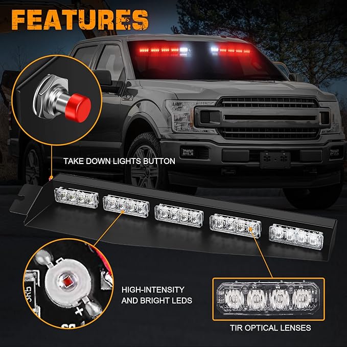 XRIDONSEN 34 inch Red Visor Emergency Light Bar Interior Windshield Strobe Lights 40 LED Warning Safety Flashing Hazard Light w/White Take Down for firefighter Police Vehicles POV Fire Trucks