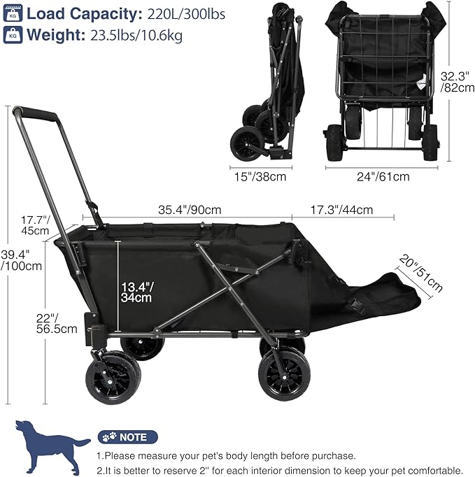 REDCAMP Folding Dog Wagon Cart with Tailgate Heavy Duty, 220L Large Collapsible Utility Cart Dog Stroller with Extendable Rear End for Sports Shopping Pet, Dark Black