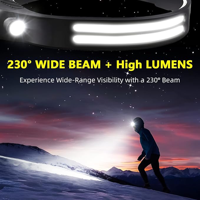 3PCS LED Headlamp Rechargeable - 230° COB Super Bright Head Lights for Forehead, Hard hat Light for Adults, USB C Headband Flashlight for Work, Hiking, Running, Camping Essentials Gear