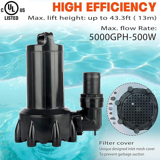 WaterRebirth (PB5000,4800GPH) High Flow Submersible Water Pump-Home/Inline Water Pump-Submersible Pump-Water Transfer Pump-Aquarium Pump
