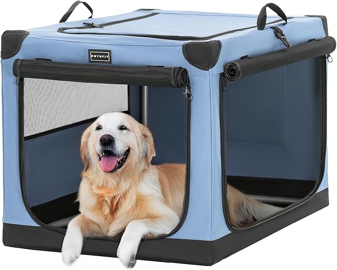 PETSFIT Soft Dog Crate, with Patented Adjustable Fabric Cover, Chewproof & Lockable Mesh Doors, Waterproof Base Collapsible Kennel Blue 40 Inch