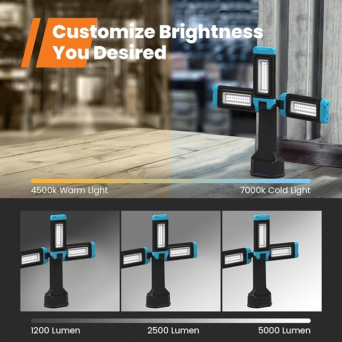 5000 Lumen Work Light with Stand, GoGonova 67'' Rechargeable Cordless Work Light with Triple LED Lamps, 1200/2500/5000 Lumen, 4500/7000K Dimmable Led Work Light Kit with Detachable Tripod