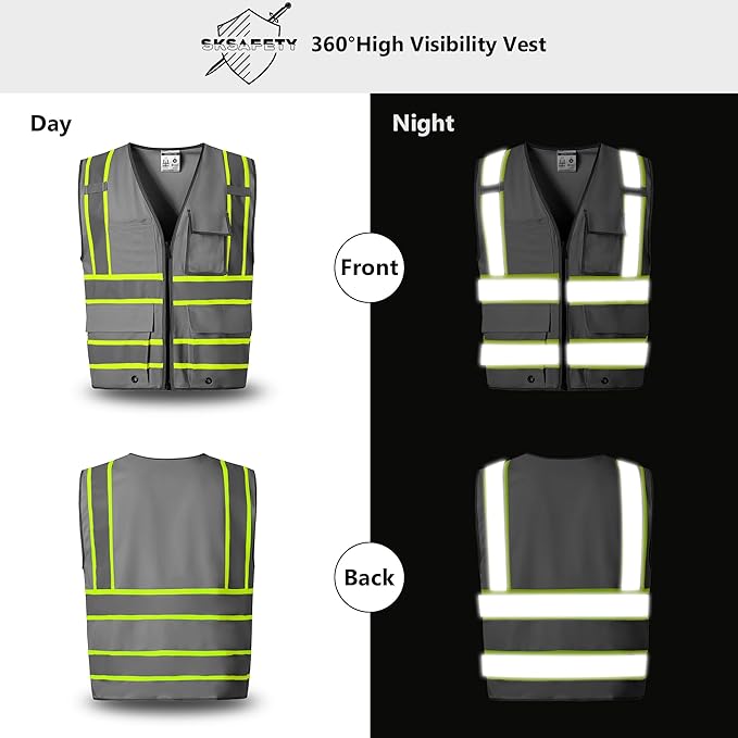 SKSAFETY 10 Pockets Safety Vest, Class 2 High Visibility Security with Zipper, Hi Vis Vest with Reflective Strips, ANSI/ISEA Standard, Construction Work Vest for Men ＆ Women （Grey,L）